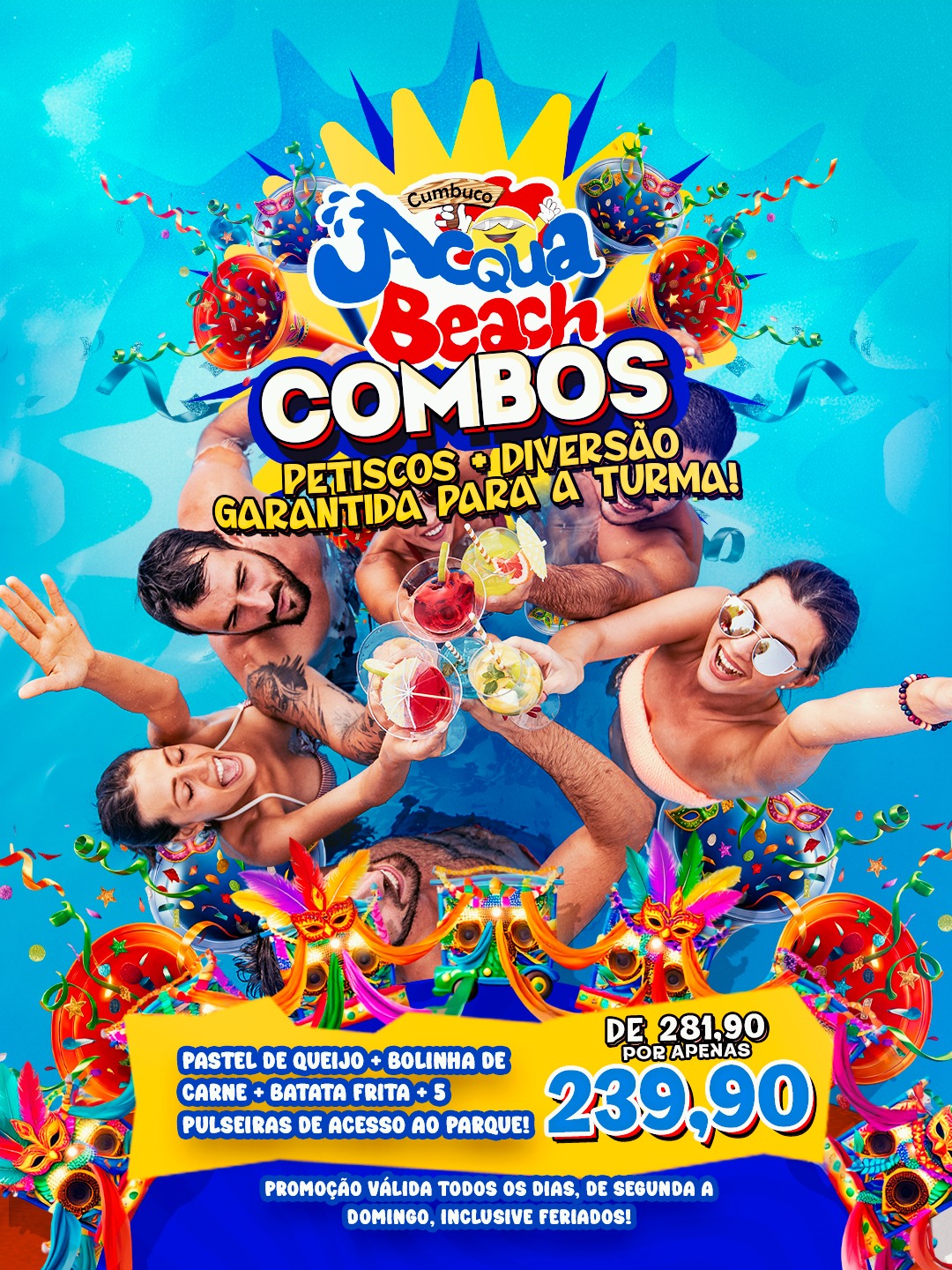 Pastel de queijo + Bolinha de Carne + Batata Frita + 5 pulseiras parque aquático